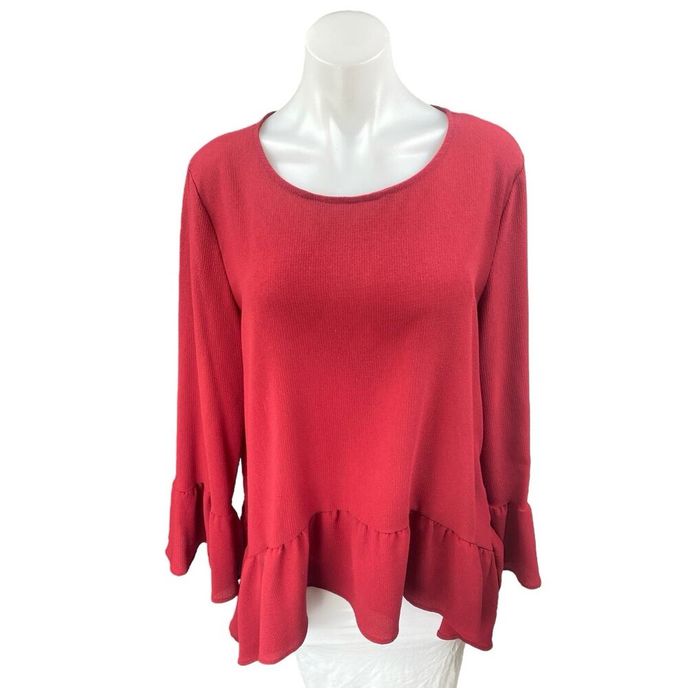 Gibson Women's Red Long Bell Sleeve Knit Ruffle Round Neck Sweater Top Size L